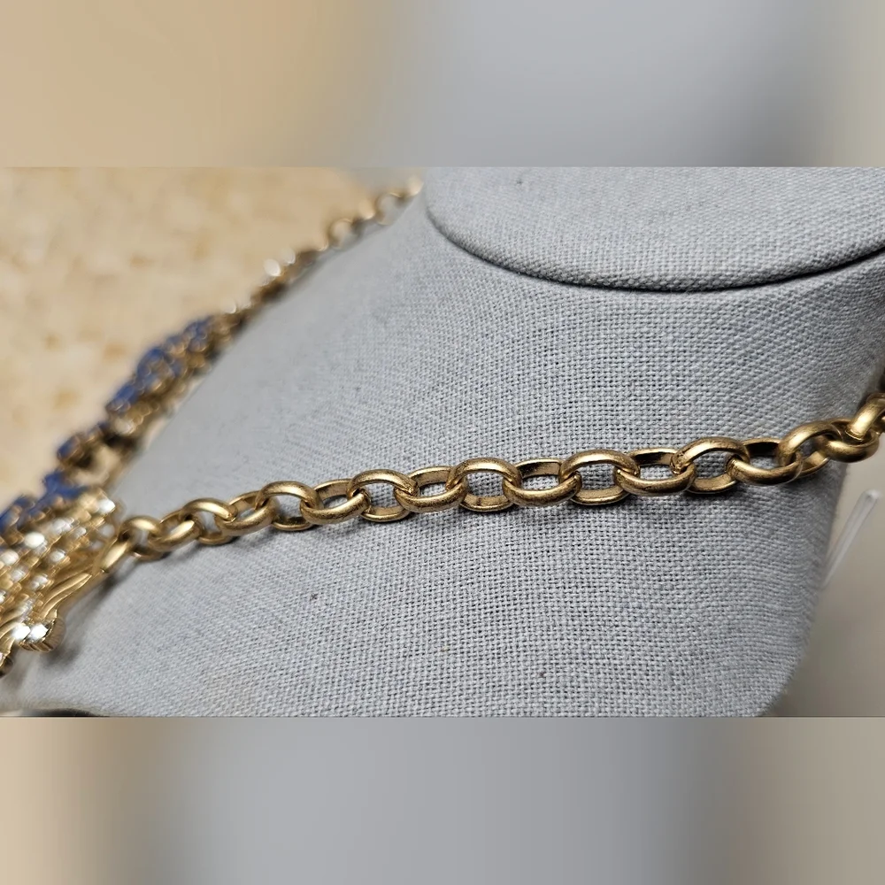 [J. CREW] Vintage Gold Tone Blue Stones Fan Crysral Gemstones Statement Necklace